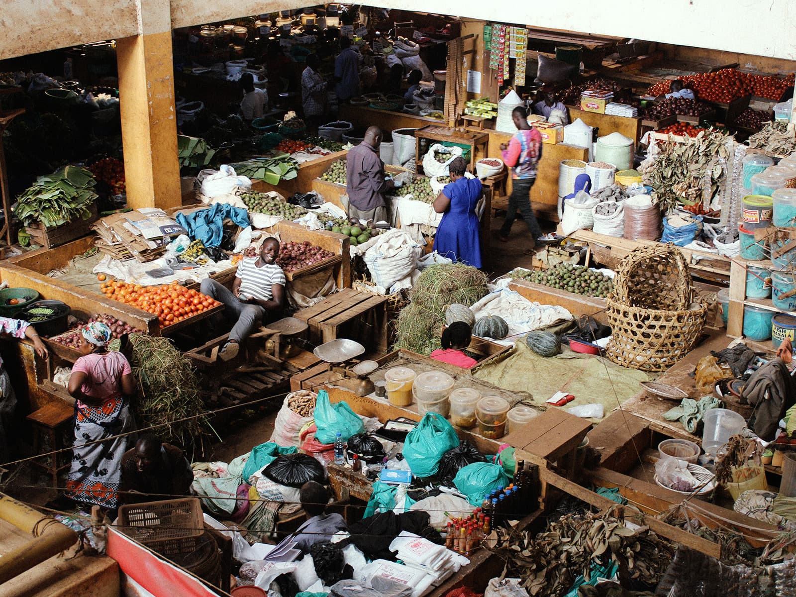 A busy open market seen from above